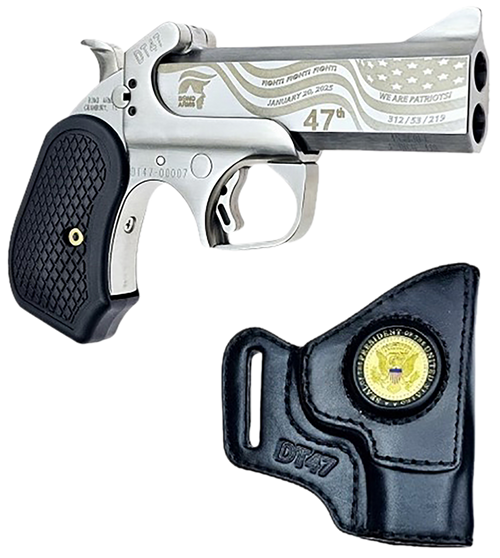 Bond Arms DT47 Satin Package, 45LC/410 GA, 3" Chamber, 4.25" Barrel, Guard, Satin Silver, Ext Grips, Fixed Sights, 2rd, Holster