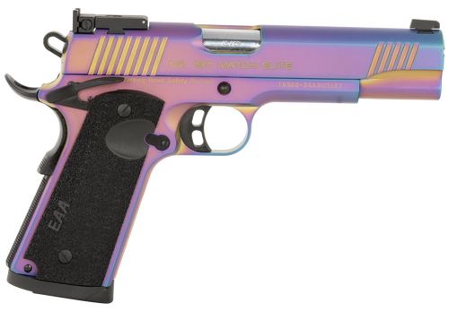 Girsan MC1911 Full Size Frame 45 ACP 8rd,5" Stainless Bull Barrel, Multi Color PVD Coating Serrated Steel Slide, Multi Color PVD Coating Steel Frame Beavertail, Black Textured Grip