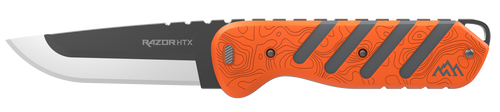 Outdoor Edge Razor HTX, Fixed Blade Knife, Plain Edge, 3.5" Blade Length, Includes (3) Drop Point Blades, (2) Black Bone Blades, (1) Gutting Blade, (1) Saw Blade Pod, Matte Finish, Orange & Gray Rubberized Aluminum Handle