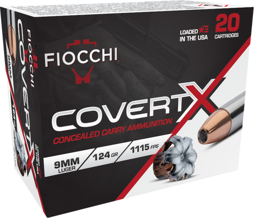 Fiocchi Ammunition COVERT X, 9mm, 124gr, Jacketed Hollow Point, 20rd Box
