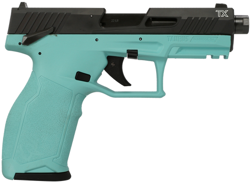 Taurus 2TX-22 22 LR, 4.6" Threaded Barrel, Black Anodized Serrated Slide, Cyan Frame, Picatinny Rail, Textured Grip, 16rd