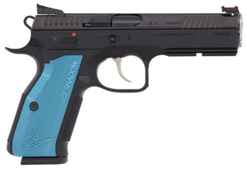 CZ Custom Shadow 2 ACCU, 2023X DA-SA 9mm, 4.89" Barrel, ACCU Bushing, Black, Blue Grips, Adj Rear, Fiber Optic Front, 2x17rd