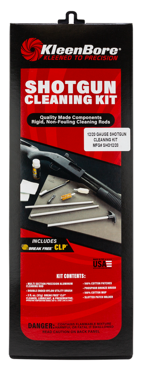 KleenBore Shotgun 12/20g Classic Cleaning Kit includes 3-Piece Aluminum Rod with 32" OAL, Nylon Double Ended Brush, Phosphor Bronze Brush, Cloth & Cleaning Patches for 12, 20 Gauges
