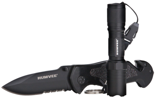 Humvee Adventure Gear Rescue Knife/Flashlight Combo 3.25" Folding Spear Point Part Serrated Stainless Steel Blade Black Aluminum Handle Features Glass Breaker/Pocket Clip/Seatbelt Cutter
