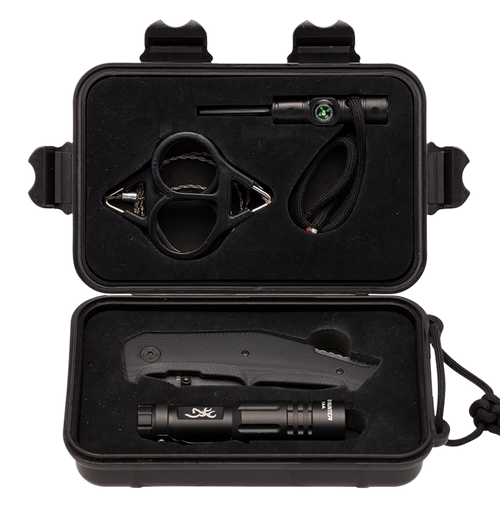Browning Outdoorsman Survival Kit 3.50" Folding Drop Point Plain Black Stonewashed 8Cr13MoV SS Blade/Black G10 Handle Includes Storage Case/Flashlight/Wire SaFire Flint/Compass/Whistle