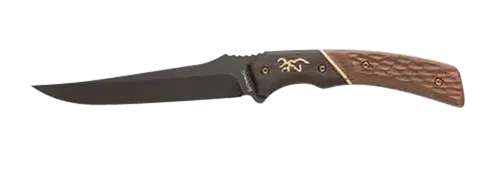 Browning Hunter Trail Knife 4.50" Fixed Trailing Drop Point Blade, Black Stonewashed 440C Stainless, Two-Toned Jigged Wood Handle Bronze Accents, Includes Leather Sheath