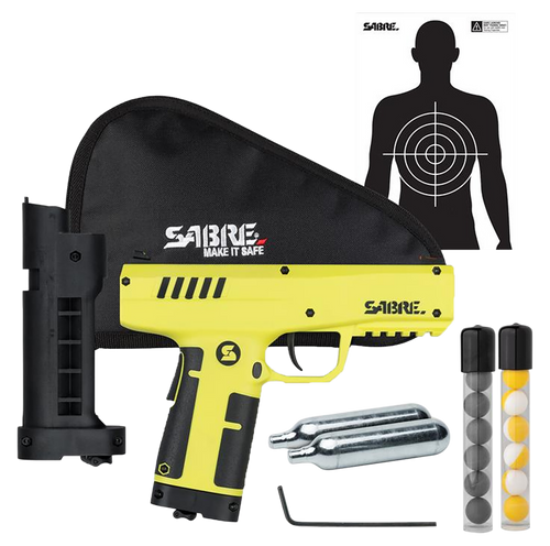 Sabre Compact Pepper Launcher Kit, Matte Finish, Yellow, Includes 7 Impact Projectiles, 7 Inert Pracice Projectiles, Practice Target, (2) 12g CO2 Cartridges, Padded Carry Case, California Compliant