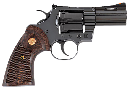 Colt Python 357 Magnum, 3" Barrel, Blued, Black, Blade Front, Adj Rear, Wood Grips, 6rd