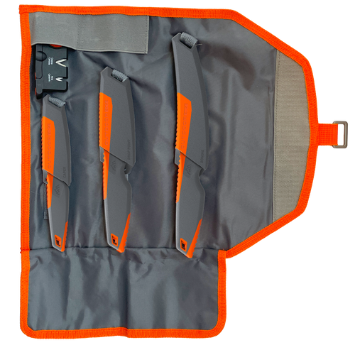 [743404702568] Outdoor Edge Vantex, 4-Piece Roll Pack Kit, Fixed Blade Knives, Gray & Orange Rubber Overmolded Handles, Includes (1) Drop Point, (1) Boning, (1) Caping, (1) Sharpener