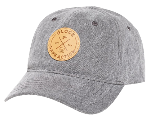 [764503045561] Glock Safe Action Patch Hat, Distressed Gray Denim, Relaxed Fit Adjustable Metal Back, Leather-Like Glock Patch