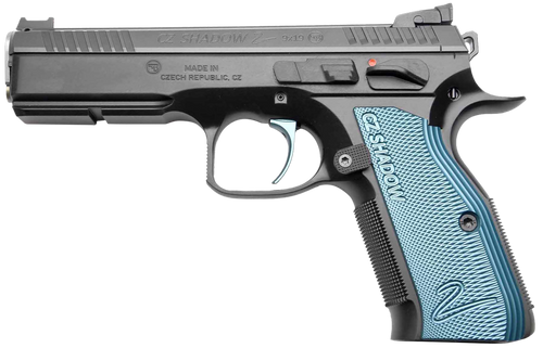 [860009867024] CZ Custom Shadow 2 ACCU, 2023X Single Action 9mm, 4.89" Barrel, ACCU Bushing, Black, Adj Rear, Fiber Optic Front, Blue Grips, 2x17rd