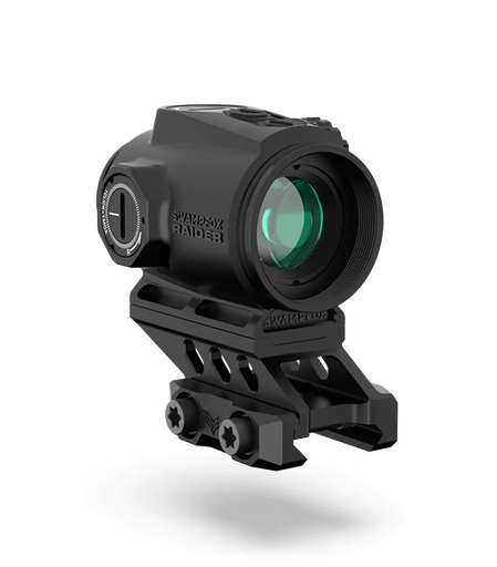 [889157002439] Swampfox Optics Raider Micro Prism Black 1x 20mm Tube 6 MOA Green Dot Reticle Red Laser