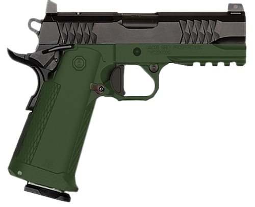 [850030294784] Jacob Grey TWC9 9mm, 4.25" Bull Barrel, Black Optics Ready Slide, Duty Green Frame, 17rd