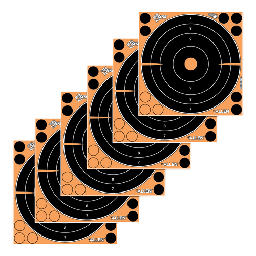 [026509048053] EZ-Aim Adhesive Target Splash Self-Adhesive Paper 8" x 8" Bullseye Orange Target Paper Black Target 6 Per Pack