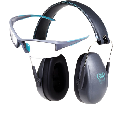 [026509051831] Allen Girls With Guns Assure Protective Safety Glasses & Muff Combo 100% UV Rated Anti-Scratch, Wraparound Clear Lens with Gray Frame, 23 dB Gray Ear Cups with Black Headband & Teal Accent Muff