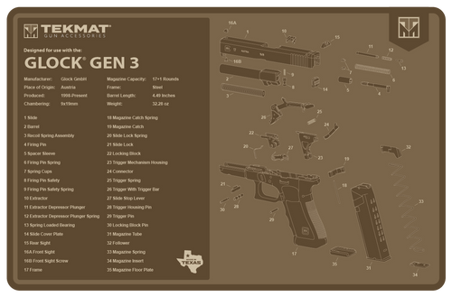 [888151040836] TekMat Glock Gen 3 Cleaning Mat Flat Dark Earth Rubber 11"x17" Glock Gen 3 Parts Diagram Illustration