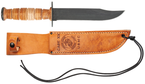 [021205003344] Case USMC 7" Fixed Clip Point Plain Blackened 1095 Carbon Steel Blade Grooved Leather Handle
