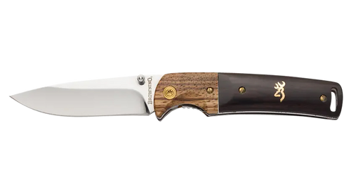 [023614843283] Browning Buckmark Hunter EDC 3" Folding Drop Point, Plain Mirror Polished 8Cr14MoV SS Blade, Black/Natural Finger Grooved Brass Accents Hardwood Handle, Includes Pocket Clip