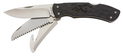 [023614964698] Browning Primal Kodiak Slim 3.75" Folding Drop Point/Gut Hook/Saw Gut Hook/SaPlain 8Cr13MoV SS Blade/Black Polymer Rubber Overmold Handle Includes Nylon Belt Pouch