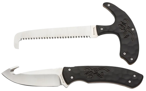 [023614964742] Browning Primal Combo 3.75"/5.25" Fixed Drop Point Gut Hook/Skinner, Saw 8Cr13MoV SS Blade, Black Polymer Rubber Overmold & Finger Grooves Handle, 2 Piece Set, Includes Sheath