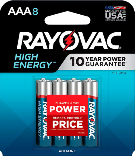 [012800537945] Rayovac AAA HIGH ENREGY Alkaline Batteries Silver/Blue 1.5 Volts 1,123 mAh (8) Single Pack